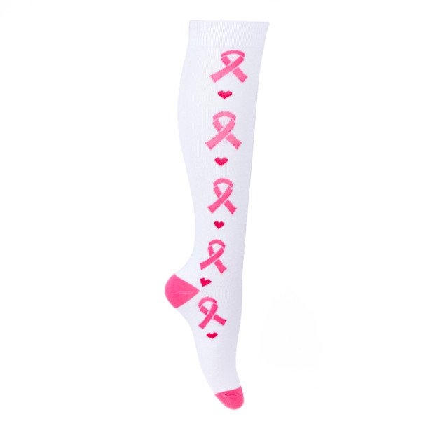 Ladies Knee High Breast Cancer Awareness Ribbon Socks-LNVS2004-WHT