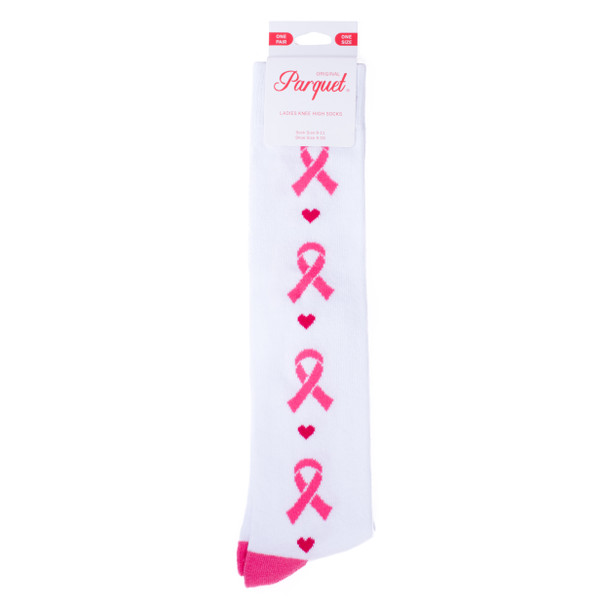 Ladies Knee High Breast Cancer Awareness Ribbon Socks-LNVS2004-WHT