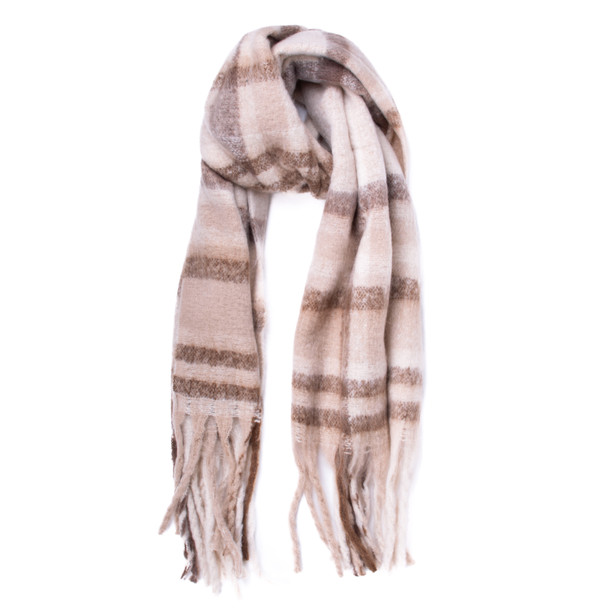 Ladies Cashmere Feel Beige Striped Tassel Scarf -AS2707