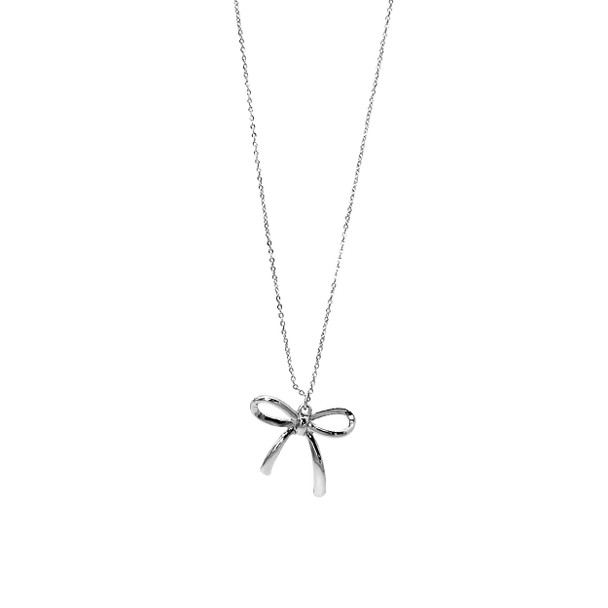 Silver Ribbon Bow Pendant Necklace - 18345-R