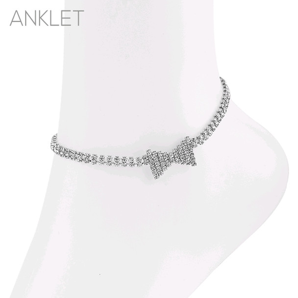 Silver Rhinestone Dainty 2-line Tie Anklet - 84325ACR-S