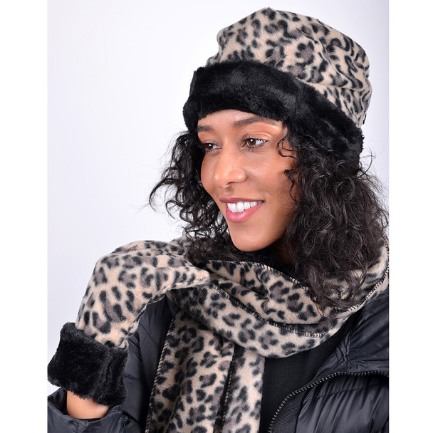 Women's Fleece Leopard Print with Fur Trim Winter Set WSET91