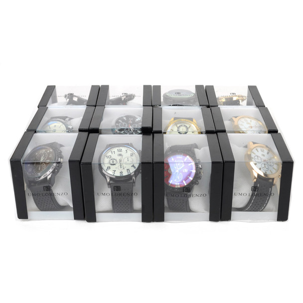 12pc Assorted Men's Casual Rubber Band Boxed Watches - MWT2129