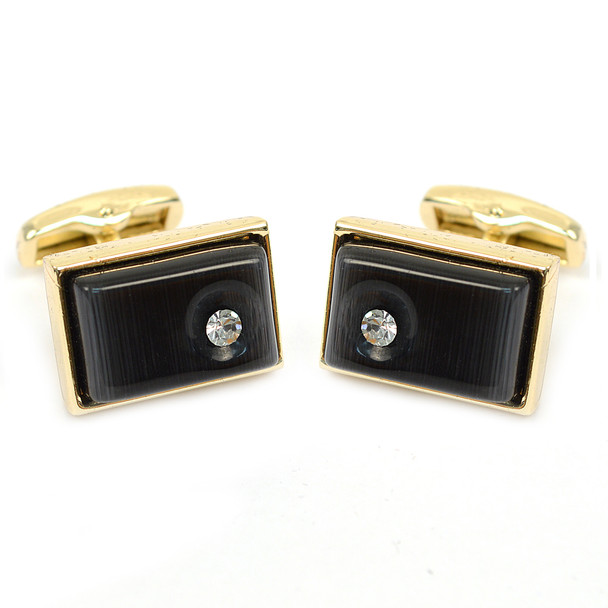 Gold-tone Crystal Black Stone Rectangle Brass Cufflinks