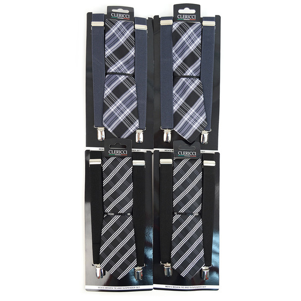 12pc Assorted Men's Black Clip-on Suspenders and Necktie Sets