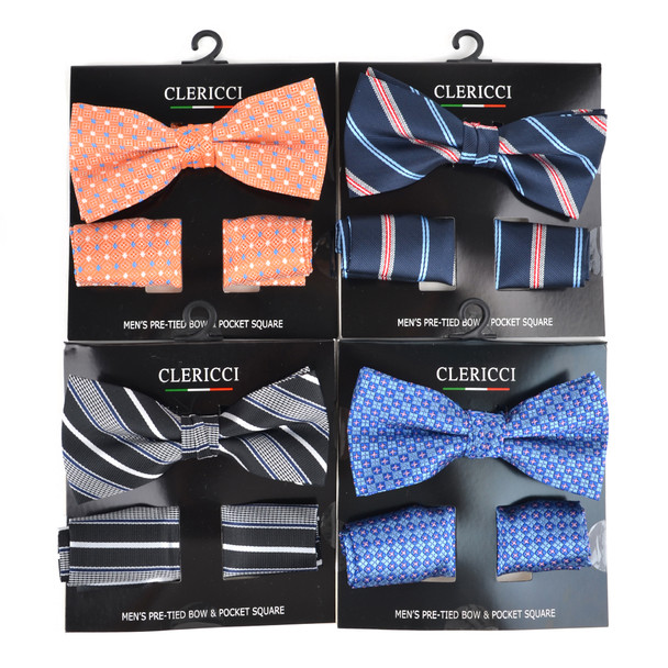 12pc Assorted Men's Big & Tall Stripes and Assorted Pattern Banded Bow Tie & Hanky BTH5000B