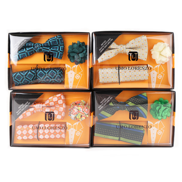 12pc Assorted Pack Men's Boxed Pattern Micro Bow Tie and Hanky with Lapel Pin Set BTHLB4000