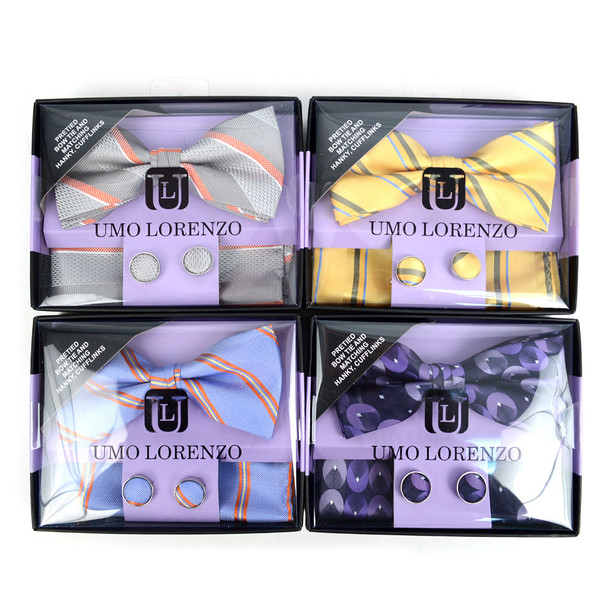 12pc Pack Assorted Men's Striped Bow Tie, Matching Hanky & Cufflinks BTHC1000STP