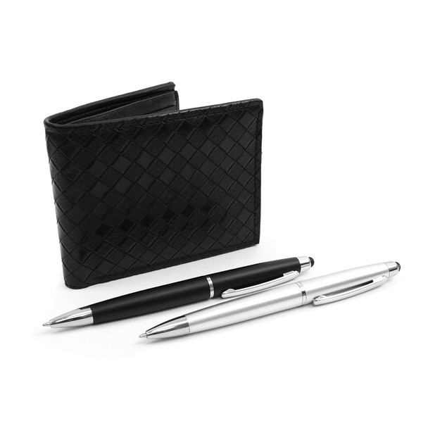 12pc Men's Black Bi-Fold Wallet & 2 Touch Screen Stylus Pens Set WPB17120