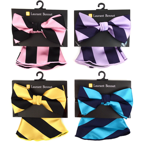 Striped Banded Bow Tie & Matching Hanky Pocket Round Set BTH170337