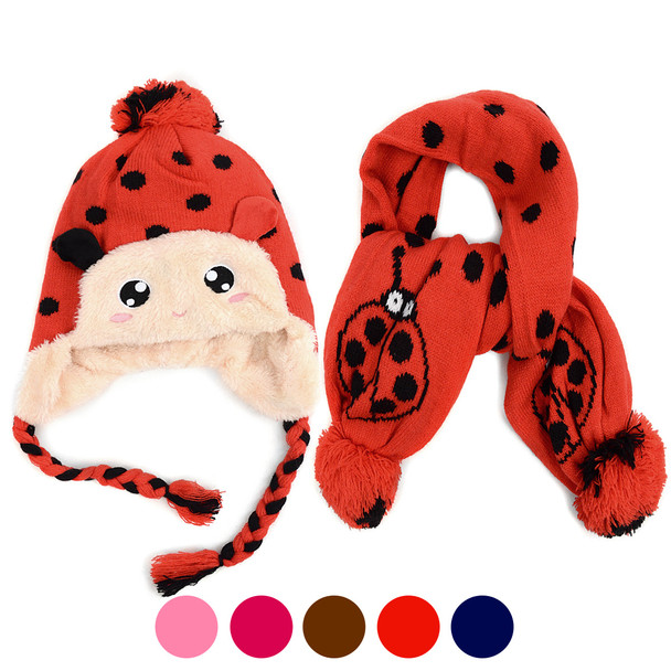 Kid's Winter Knitted Ear Flap Lined Polka Dot Lady Bug Pom Beanie Scarf and Hat Set - KKWS1730