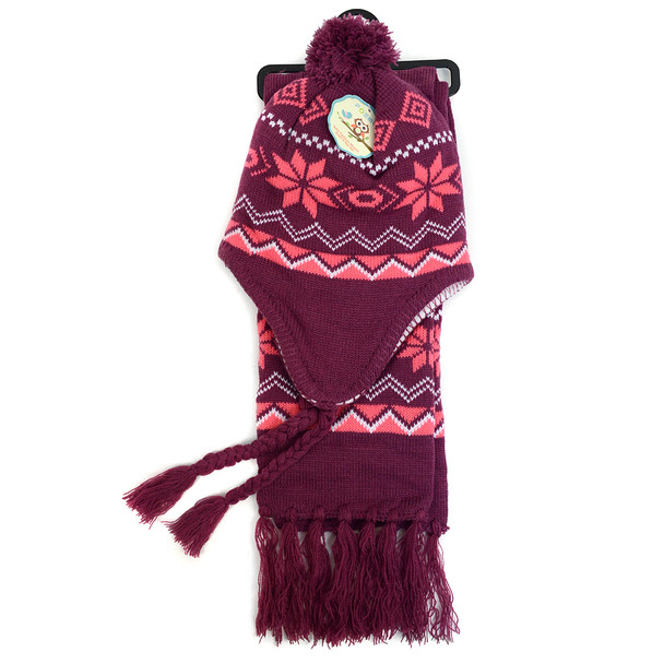 Kid's Winter Knitted Ear Flap Lined Snowflake Pom Beanie Scarf with Tassel and Hat Set - KKWS1722