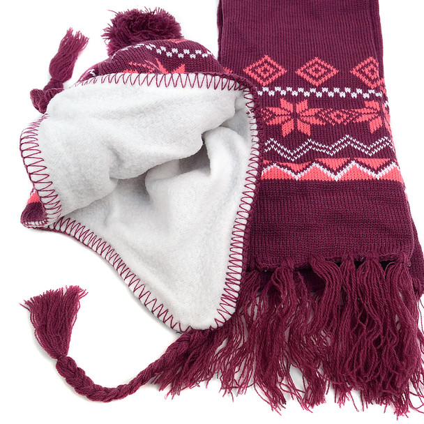 Kid's Winter Knitted Ear Flap Lined Snowflake Pom Beanie Scarf with Tassel and Hat Set - KKWS1722