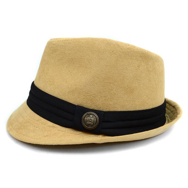 Fall/Winter Suede Trilby Fedora Hat with Button Accent & Band Trim H171223