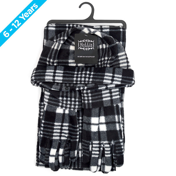 6pc Pack Junior's (6-12 Years Old) Gray Plaid Fleece Winter Set WNTSET1002-BK-JR