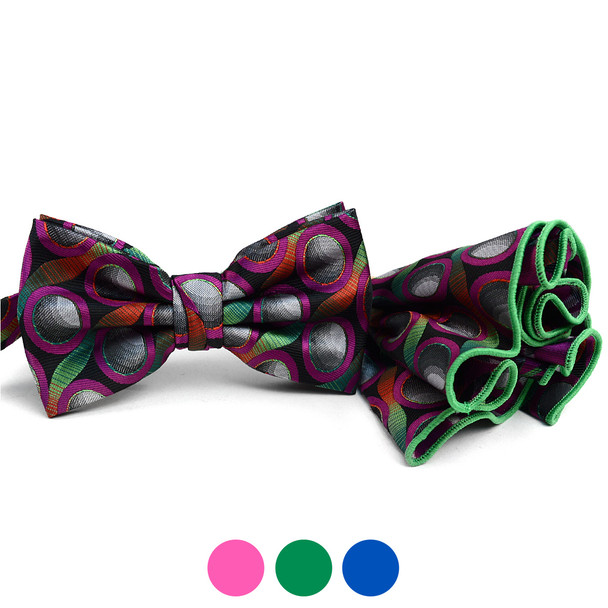 Circle Pattern Banded Bow Tie & Matching Hanky Pocket Round Set BTH170634