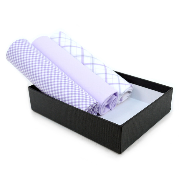 Boxed Men's Cotton Solid & Plaid Lavender Handkerchiefs 3pcs Set - MFVB1713