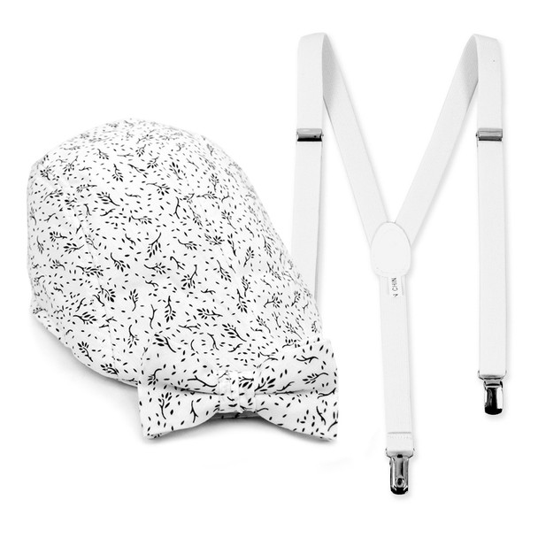 Boy's White Clip-on Suspender, Botanical Pattern Ivy Hat & Matching Bow Tie Set (BSBIV0807H3-2)