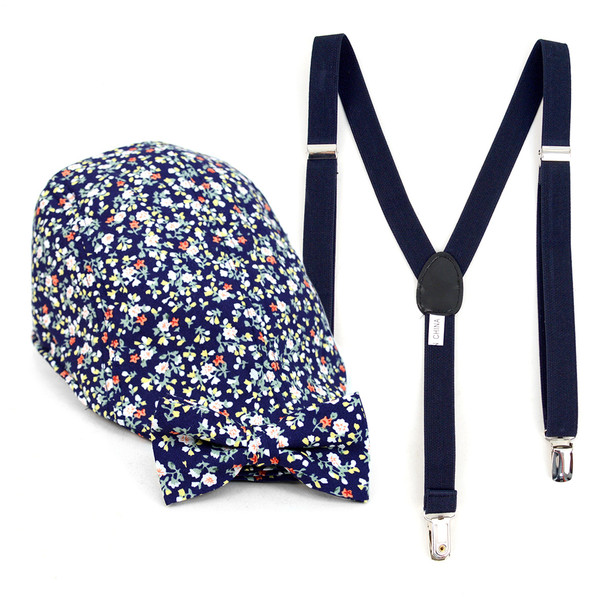 Boy's Navy Clip-on Suspender, Floral Pattern Ivy Hat & Matching Bow Tie Set (BSBIV0807H7-1)