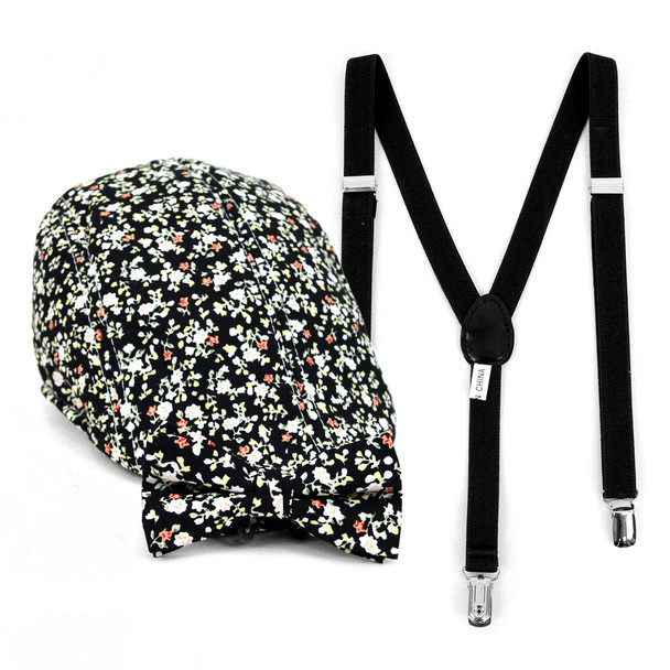 Boy's Black Clip-on Suspender, Floral Pattern Ivy Hat & Matching Bow Tie Set (BSBIV0807H7-2)