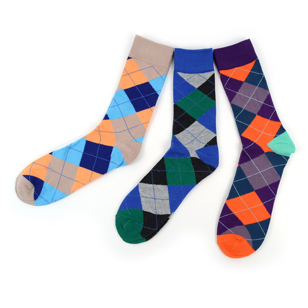 Assorted Pack (3 Pairs) Men's Argyle Casual Fancy Crew Socks 3PKS-S/S-7