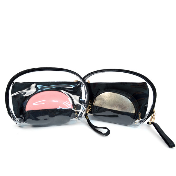 Ladies Clear & Black Makeup Bag 3pc Set Cosmetic & Toiletry Bags  LNCTB1705