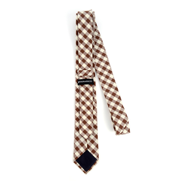 Men's Brown Beige Plaid 2.25" Cotton Slim Tie - MPPW1719
