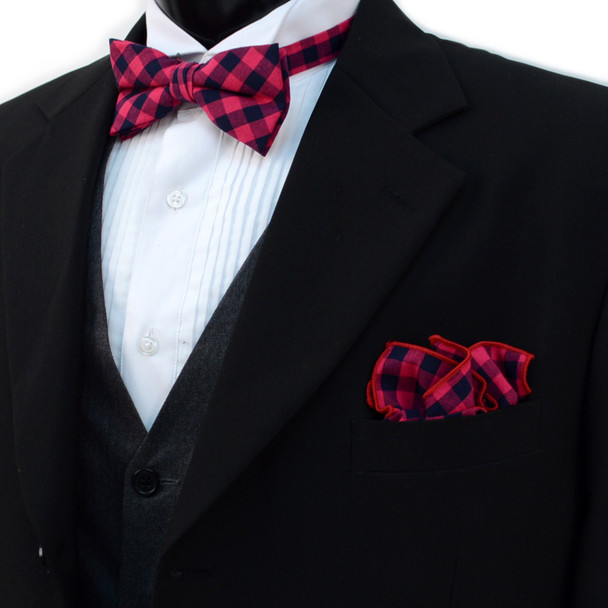 Men's Fuchsia Plaid Cotton Bow Tie & Matching Pocket Square - CBTH1711