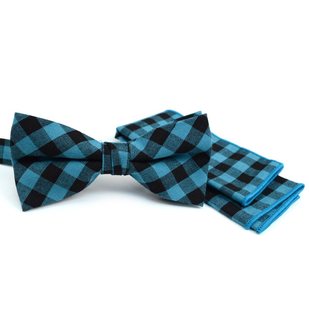 Men's Turquoise Plaid Cotton Bow Tie & Matching Pocket Square - CBTH1714