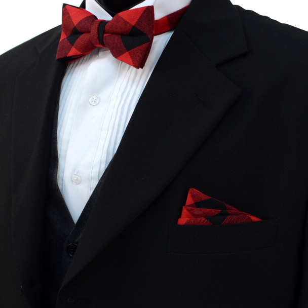 Men's Red and Black Plaid Cotton Bow Tie & Matching Pocket Square - CBTH1718