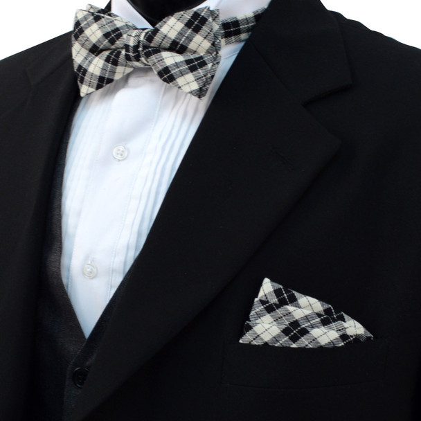 Men's Black Beige Plaid Cotton Bow Tie & Matching Pocket Square - CBTH1721