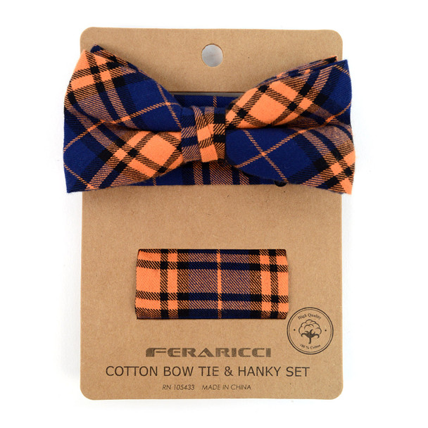 Men's Orange Blue Plaid Cotton Bow Tie & Matching Pocket Square - CBTH1725