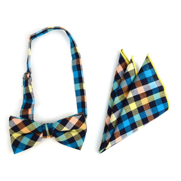 Men's Multi Color Plaid Cotton Bow Tie & Matching Pocket Square - CBTH1726