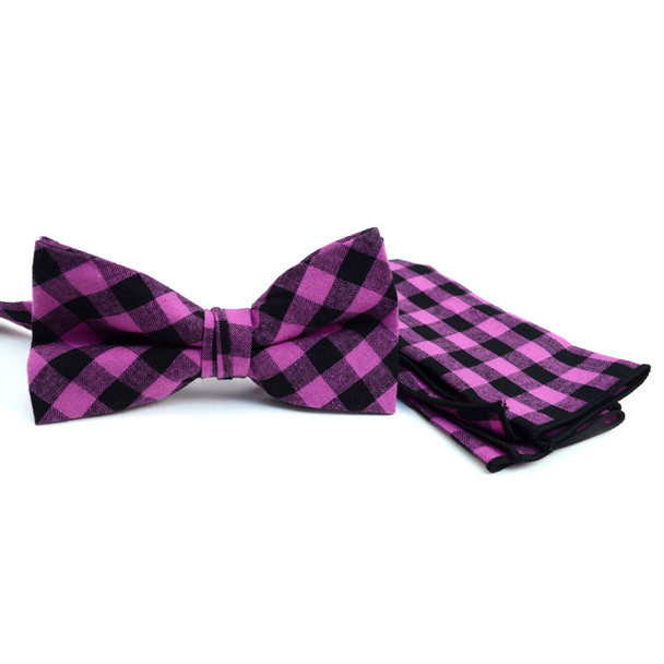 Men's Purple Plaid Cotton Bow Tie & Matching Pocket Square - CBTH1728 