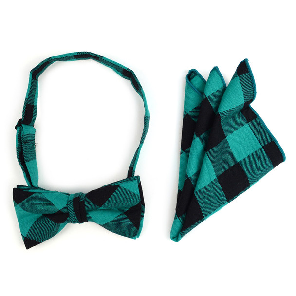 Men's Green Plaid Cotton Bow Tie & Matching Pocket Square - CBTH1730