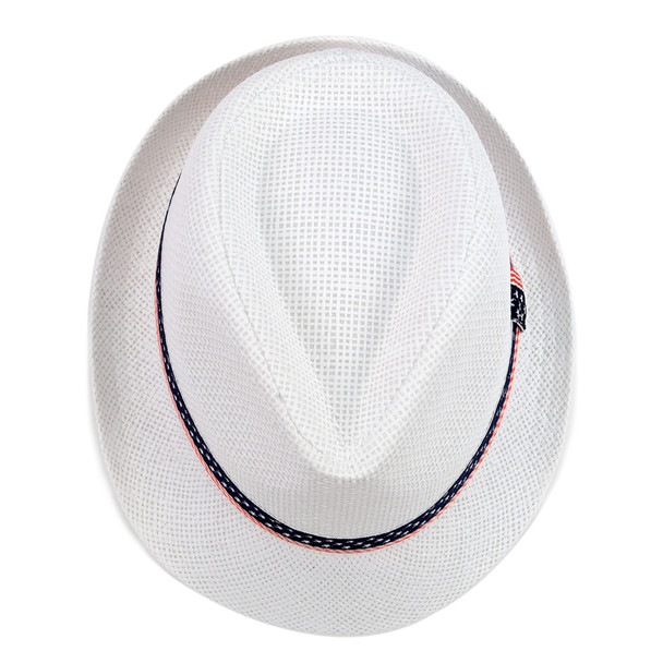 Spring/Summer White Fedora Hat with Stars & Stripes American Flag Band Trim - H10412