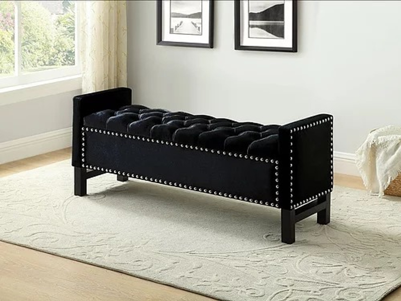 Very Modern Black Velvet Button Tufted Silver Nail Head Trim Multi Position Storage Bench Savingbig Ca