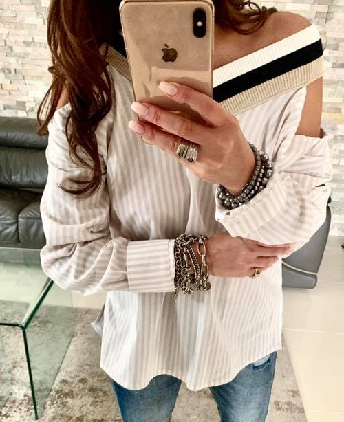 OFF-THE-SHOULDER BLOUSE STRIPED BEIGE & WHITE COLOR 