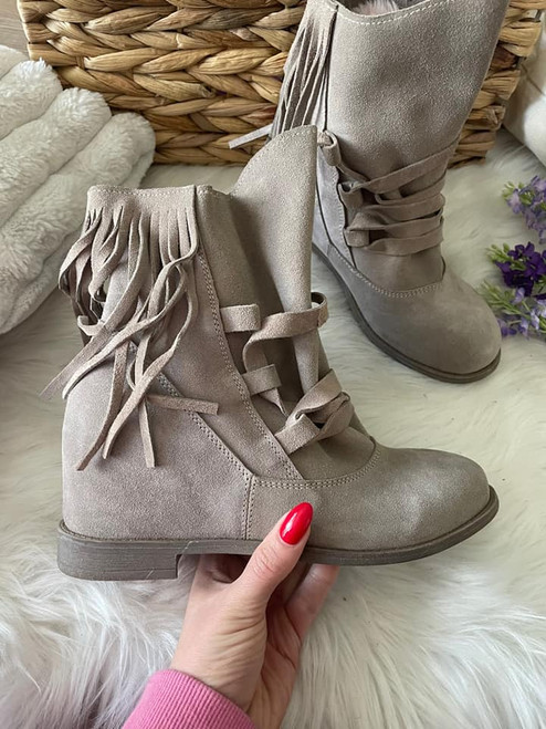 FRINGE GREY BOOTIES NATURAL LEATHER 