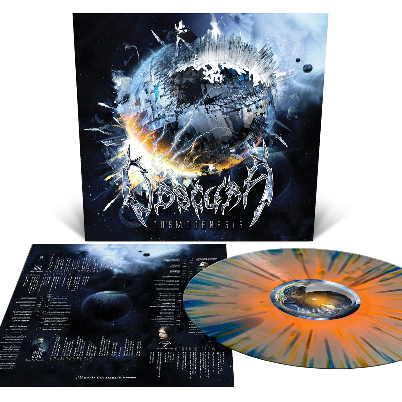 Obscura 'Cosmogenesis' LP Halloween Orange Silver Royal Blue Three Colour Merge with Orange Krush Silver and Royal Blue Splatter Vinyl