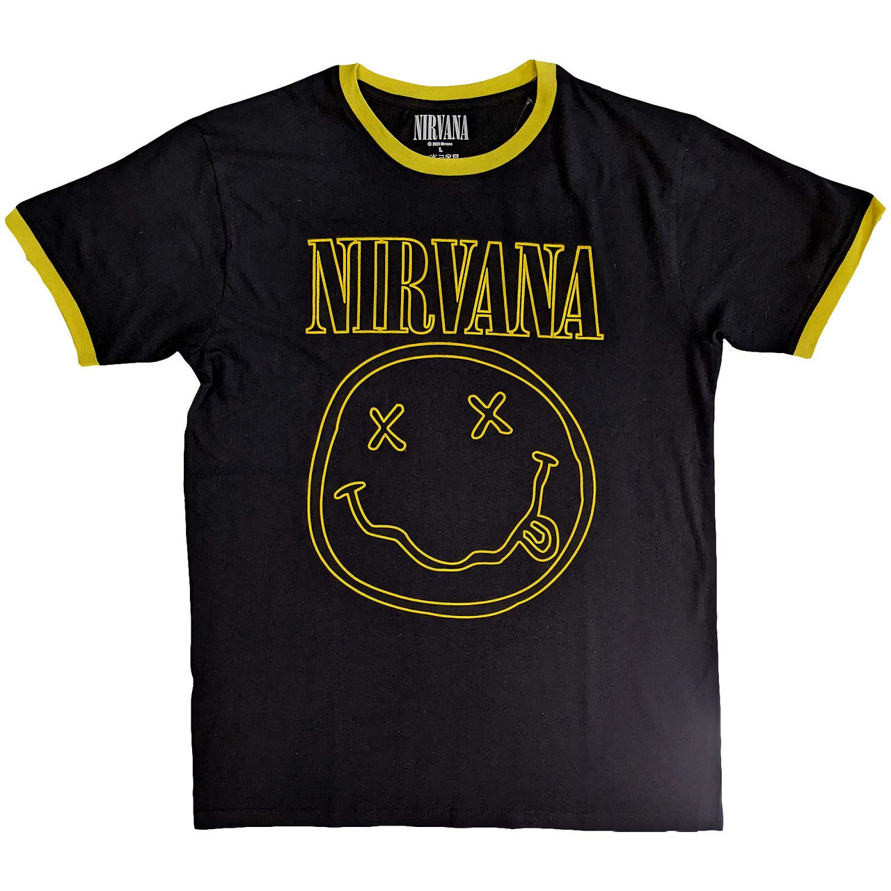 Nirvana 'Outline Happy Face' (Black) Eco Ringer T-Shirt | Eyesore