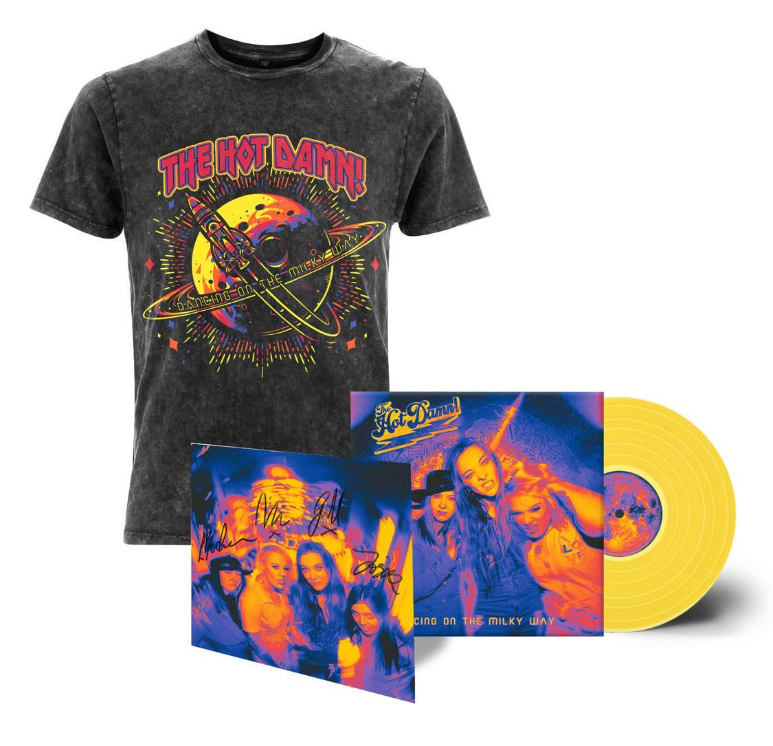 The Hot Damn! 'Dancing On The Milky Way' LP Sunshine Yellow Vinyl & T-Shirt (Acid Wash) Bundle with HAND SIGNED PHOTO CARD