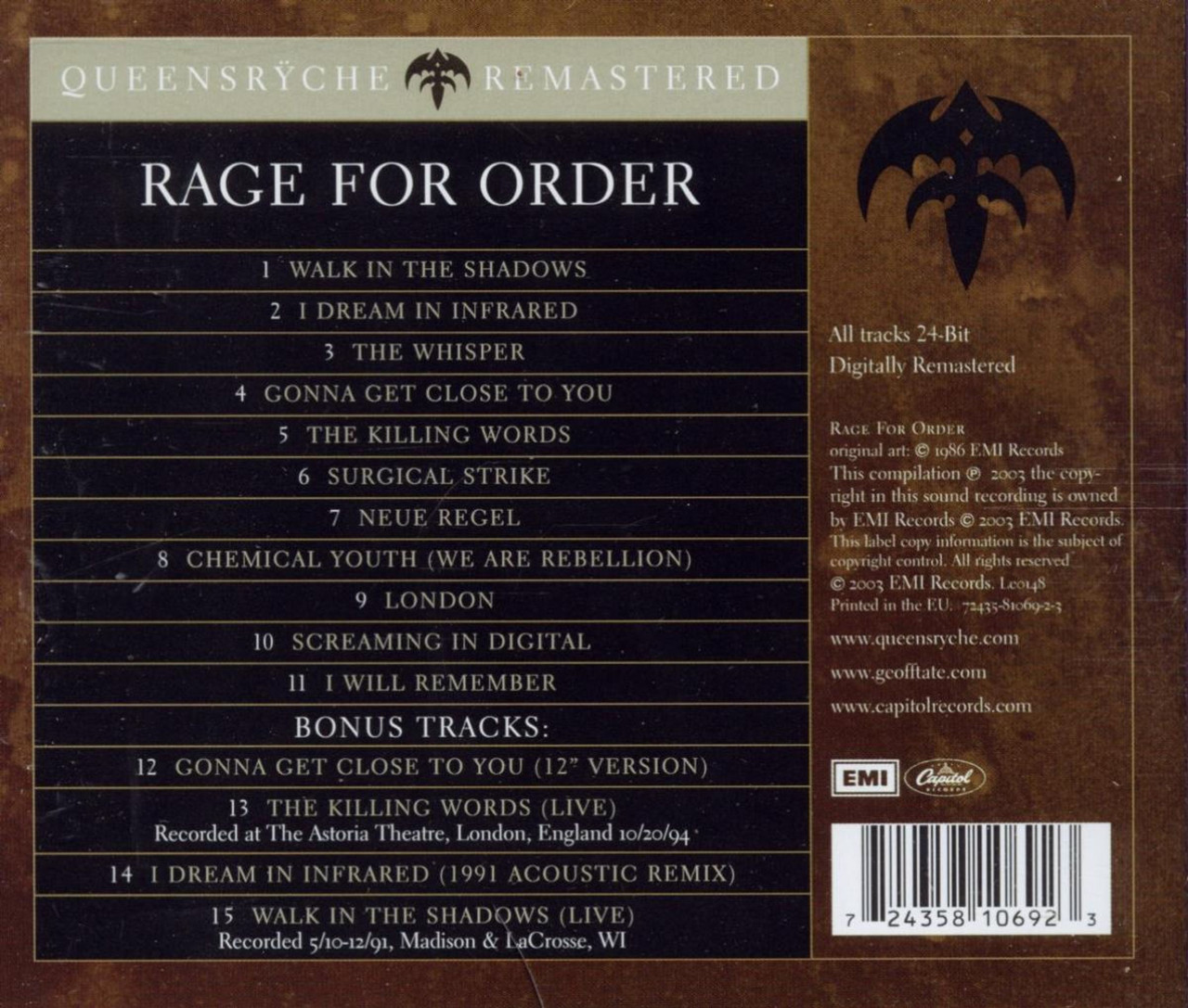 Queensryche 'Rage For Order' (Remastered) CD Jewel Case