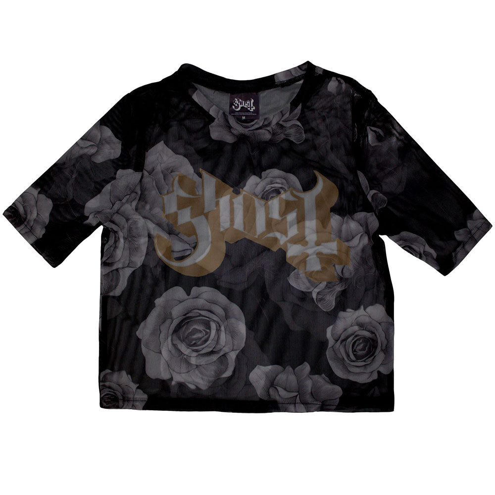 Ghost 'Logo & Roses' (Black) Womens Mesh Crop Top | Eyesore