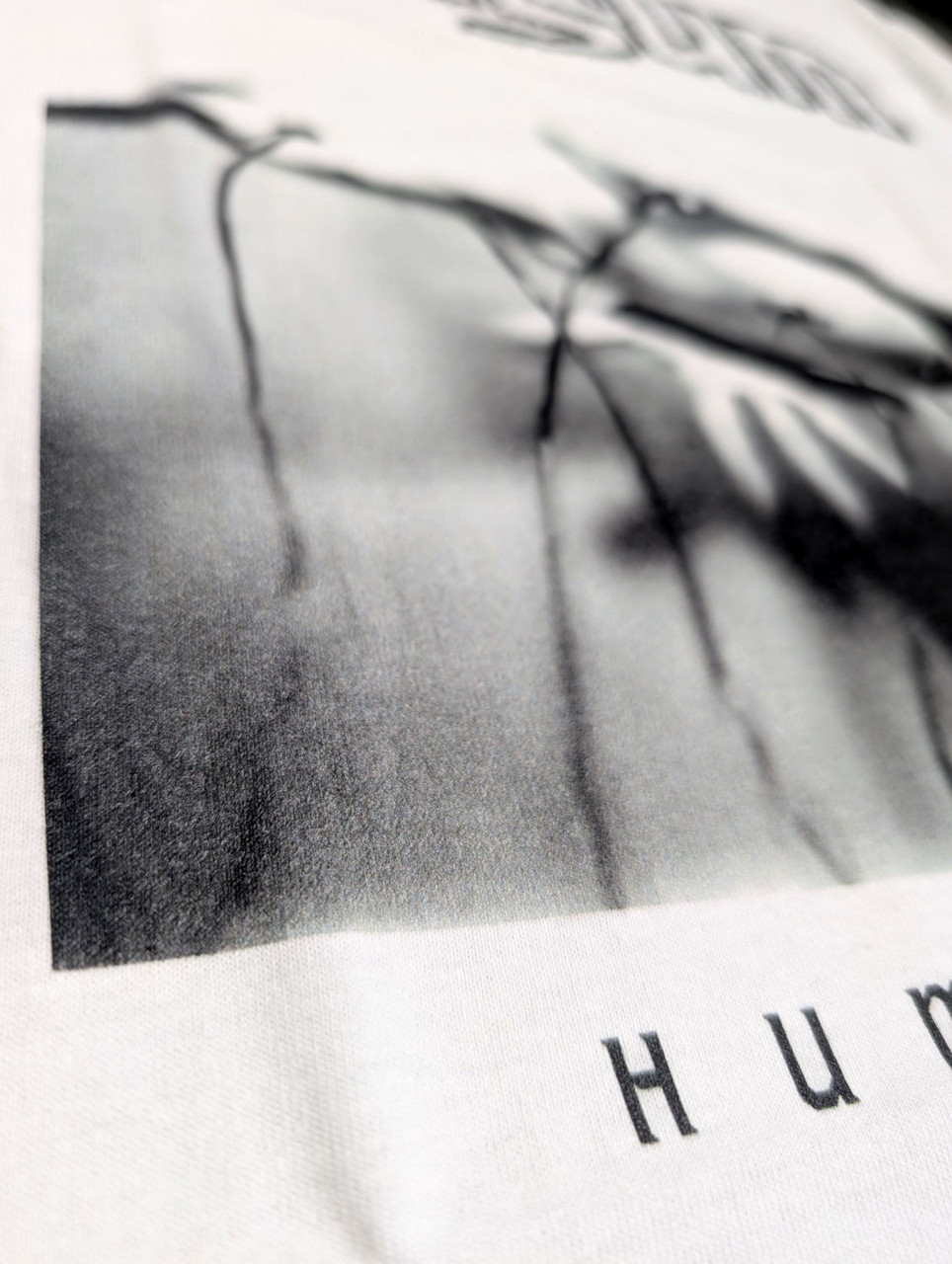 Nasum 'Human 2.0' (White) T-Shirt close up of the print detail 1