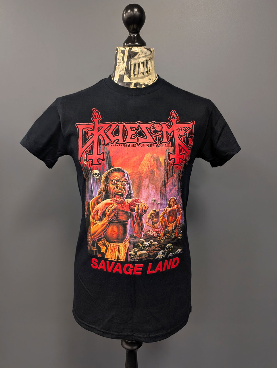 Gruesome 'Savage Land' (Black) T-Shirt on a mannequin