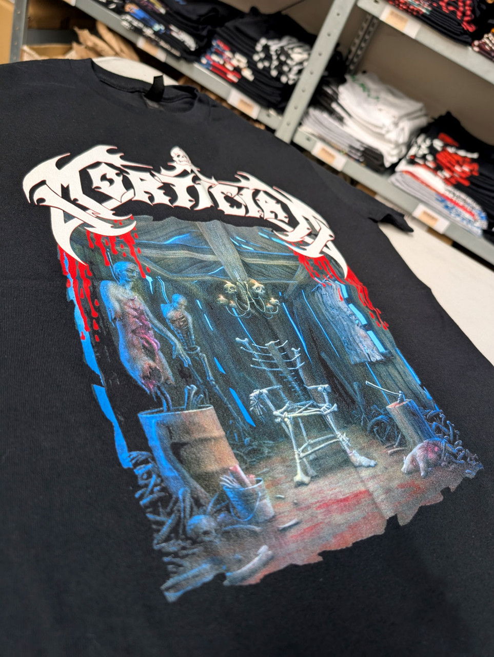 Mortician 'Hacked Up for Barbecue' (Black) T-Shirt close up detail of front print 2