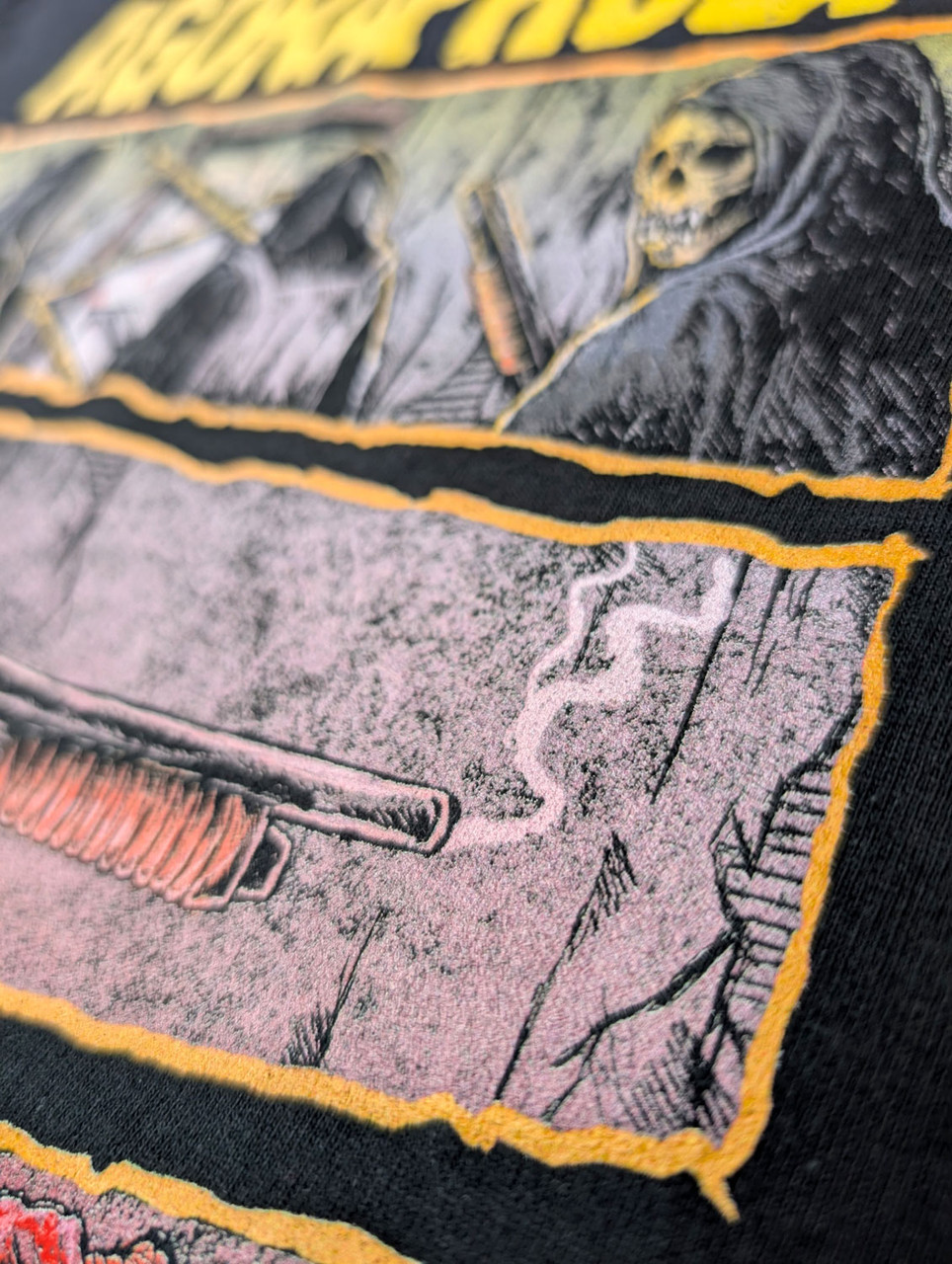 Agoraphobic Nosebleed 'Dark Comic' (Black) T-Shirt close up detail of the print 2