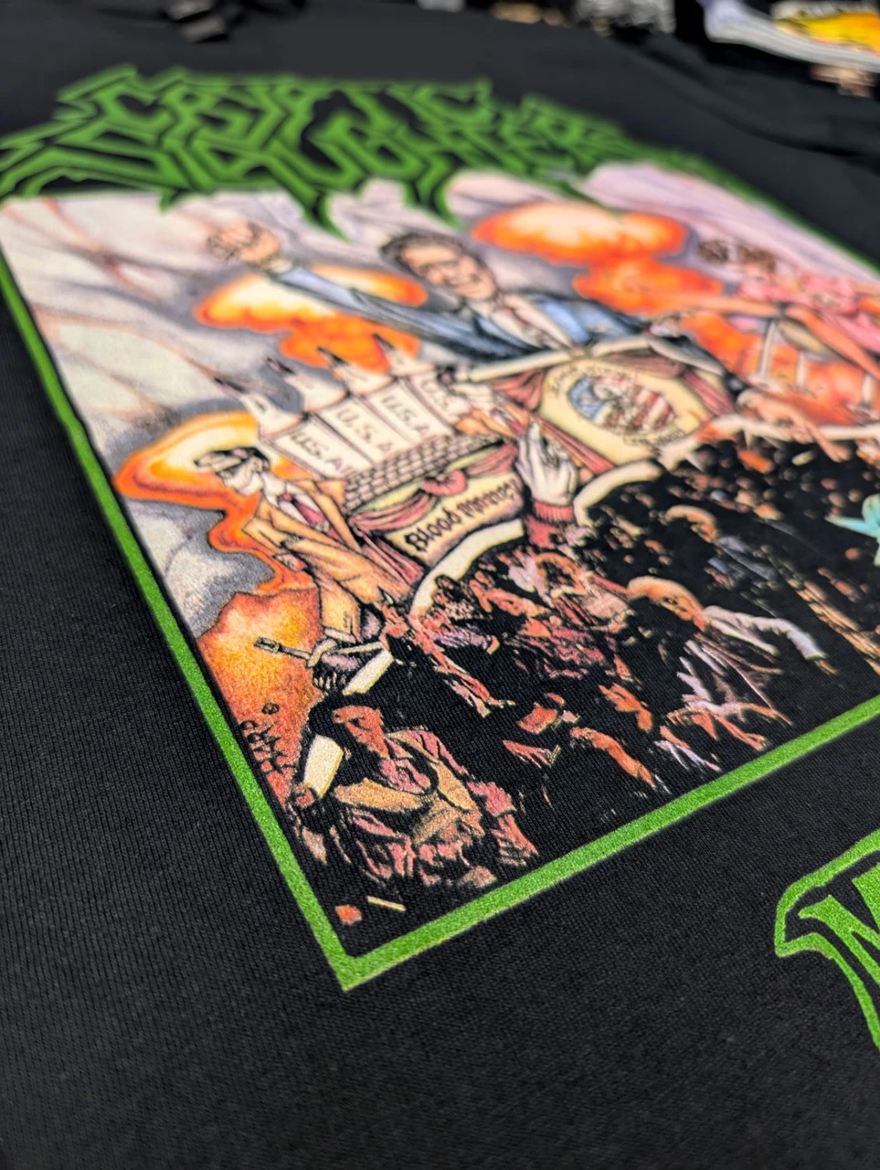 Cryptic Slaughter 'Money Talks' (Black) T-Shirt close up of print detail 1