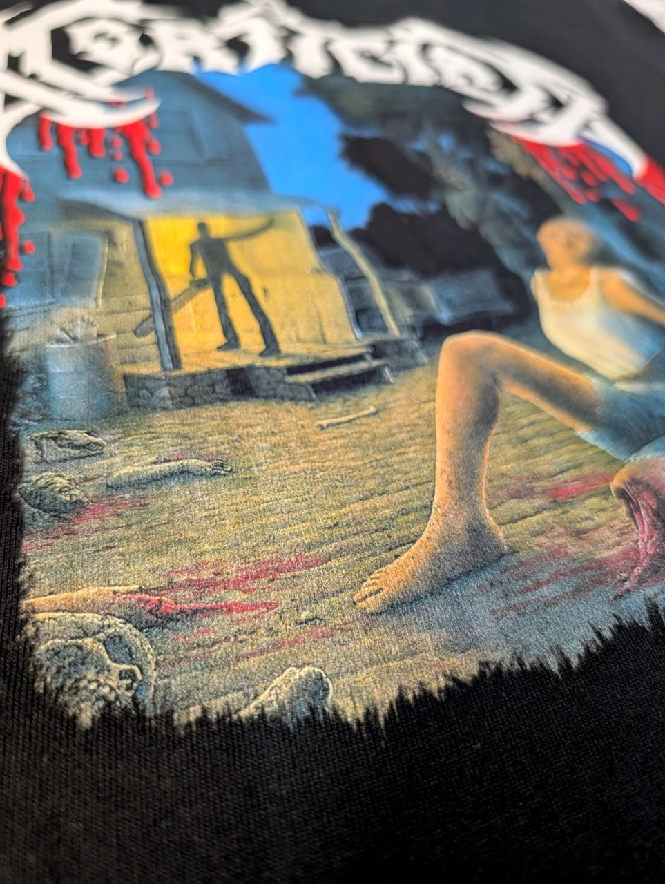 Mortician 'Chainsaw Dismemberment' (Black) T-Shirt close up of print detail 1